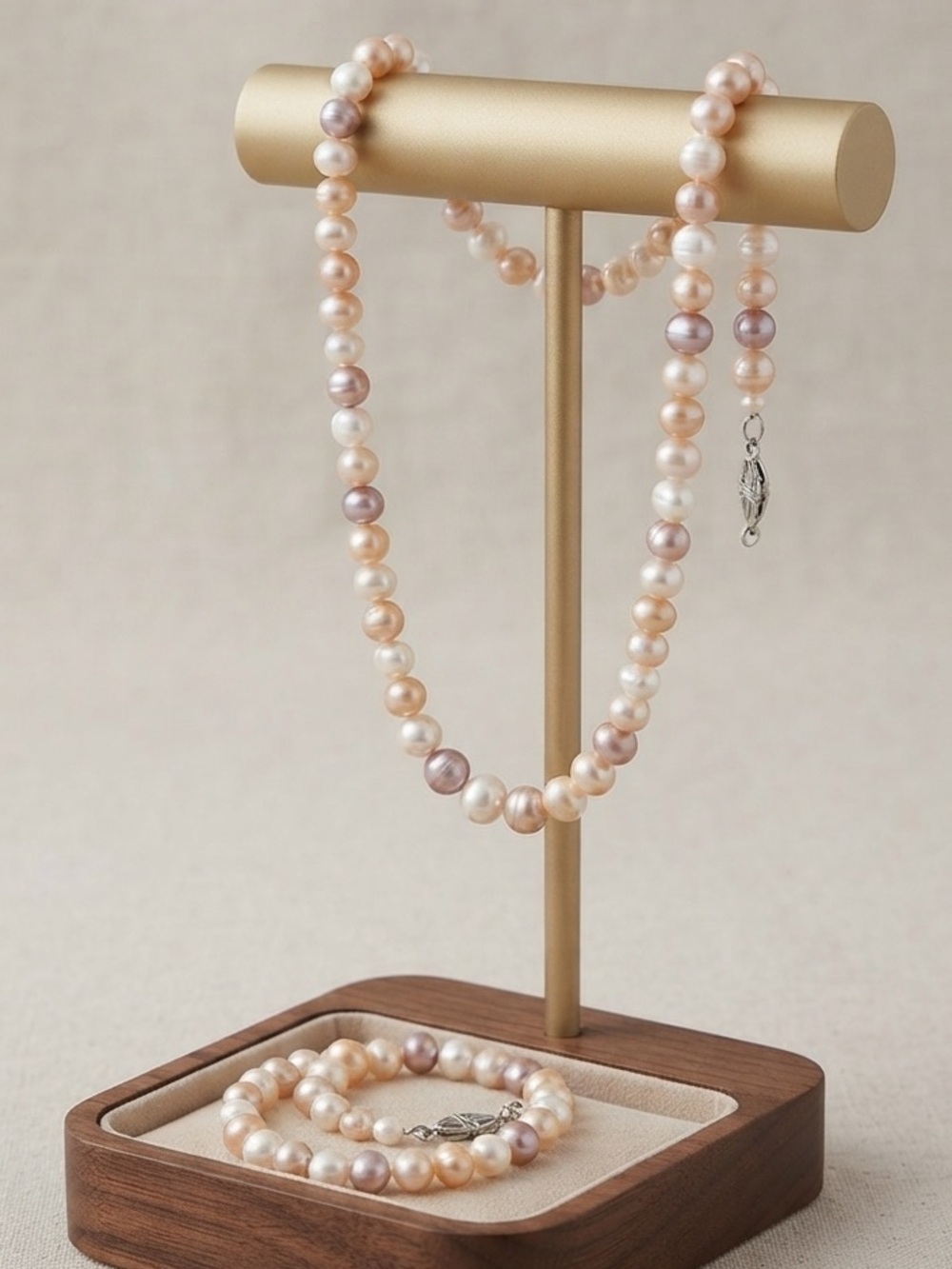 Freshwater Cultured Peach Cream Pearl Necklace Bracelet Set New in Box 925 SS